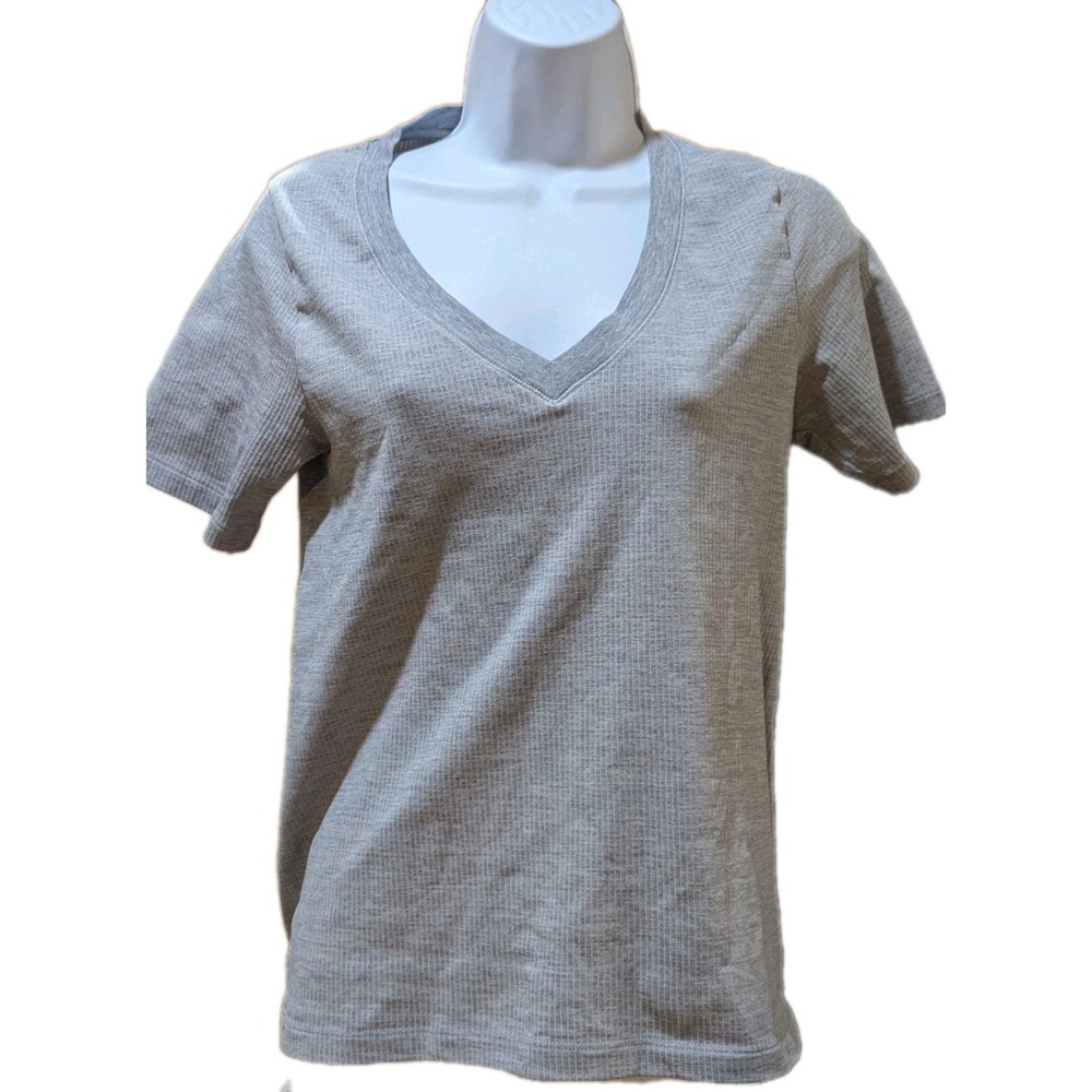 Athleta Renew V-Neck Tee Womens Small Gray Ribbed Short Sleeve‎ Workout T Shirt